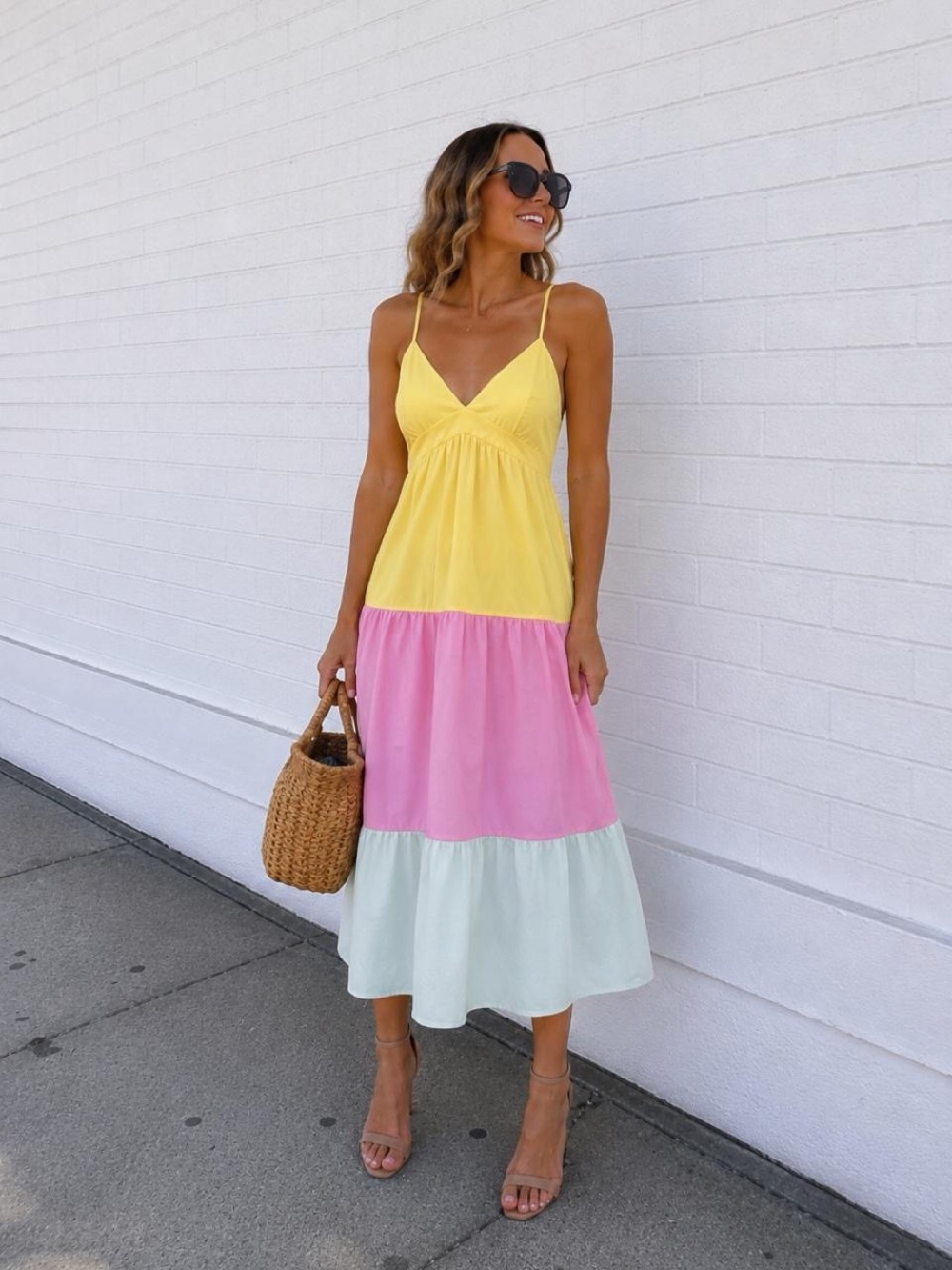 JustFab Yellow, Pink & Mint Tiered Spaghetti-Strap Maxi Dress